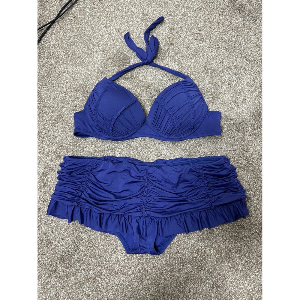 Betsey Johnson Swimsuit Women Large Bikini Set Ruched Ruffle High Waist Halter